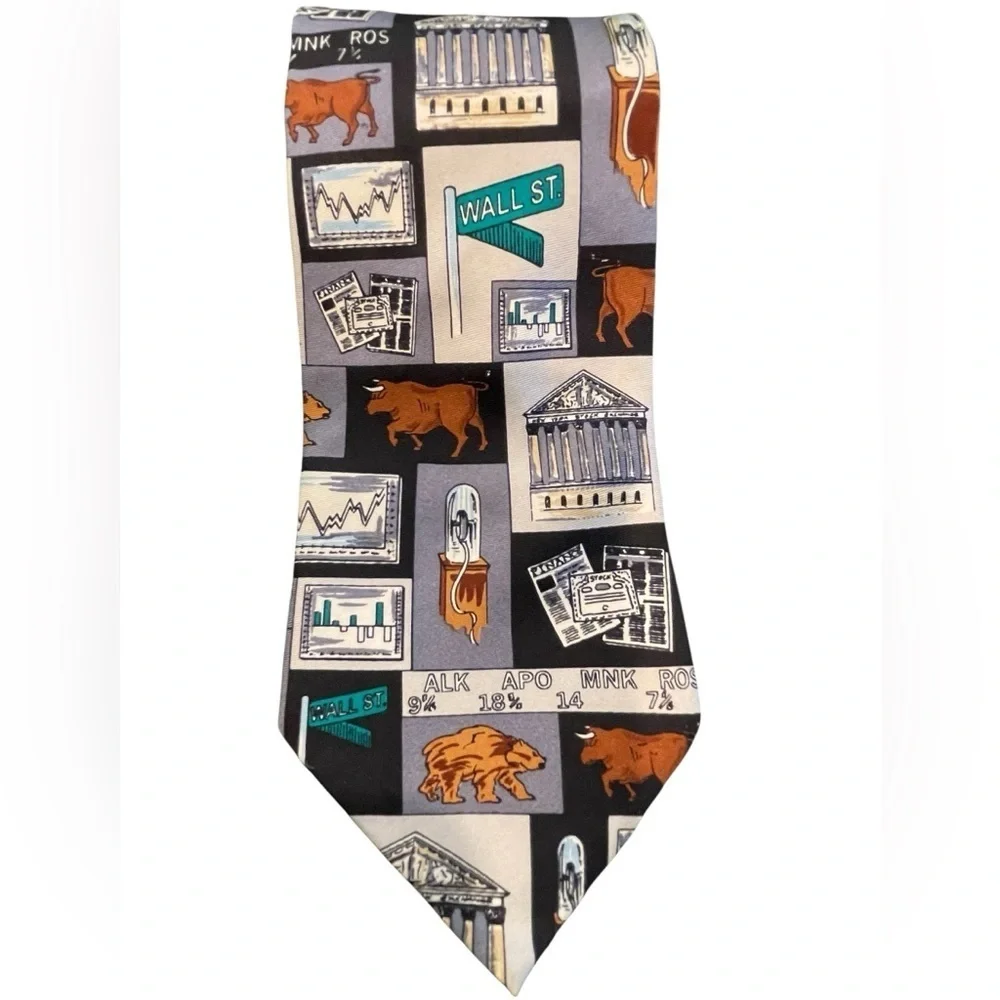 📈📊100% Silk Wall Street themed tie with NYSE, Wall Street, Bull theme. Colorful!